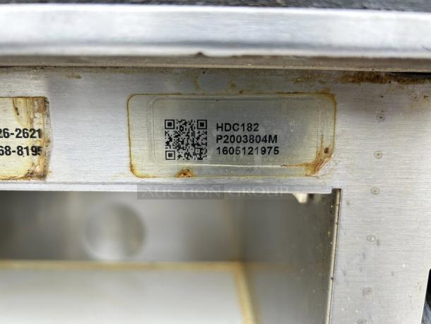 Amana HDC182 1800W commercial microwave, s/n P2003804M, 0.6 cu.ft, stainless steel, tested working, some rust near labels.