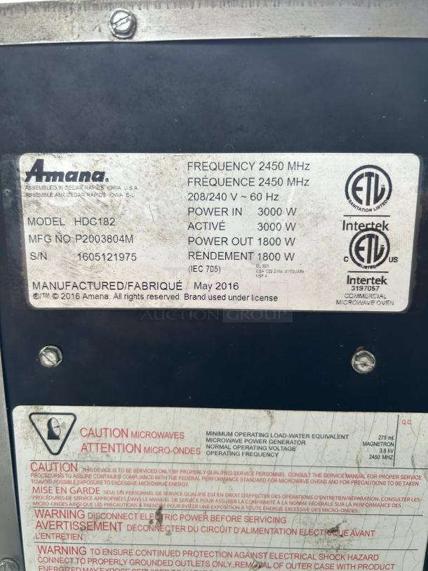 Amana HDC182 1800W commercial microwave, 0.6 cu.ft, stainless steel, tested and working, frequency 2450 MHz, ETL listed.