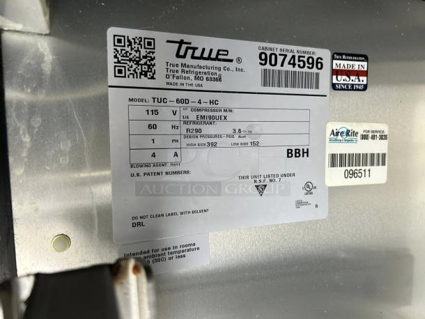 True TUC-60D-4-HC undercounter refrigerator tag showing model, 115V, R290 refrigerant, Made in USA label, serial 9074596.
