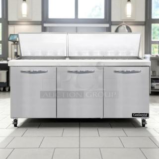 Continental SW72-30M Sandwich Prep Unit, 72" width, 20.6 cu ft, tested, working, stainless steel, 3-door design.