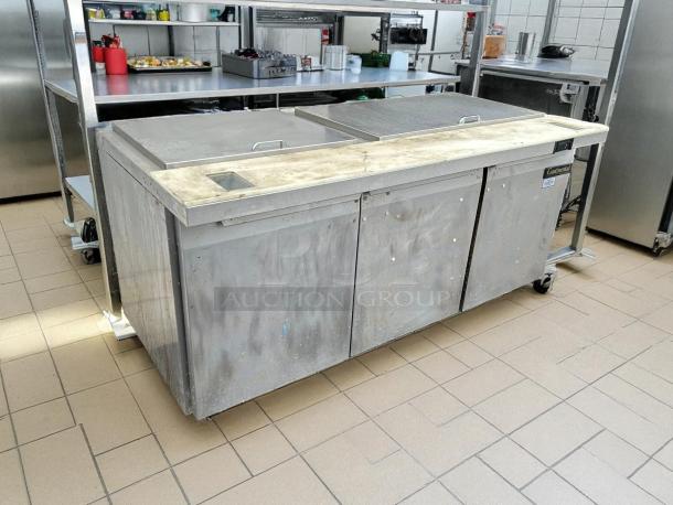 Continental SW72-30M sandwich prep unit, 72", 20.6 cu ft, tested, working, stainless steel, 3 doors, used condition.