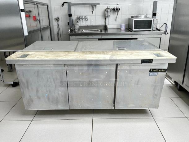 Continental SW72-30M sandwich prep unit, 72", 20.6 cu ft, stainless steel, tested, working, slight wear visible.