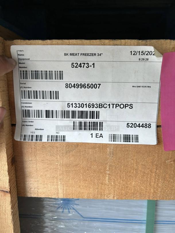Label on crate for H&K 52473-1 stainless steel commercial French fry freezer, new condition, serial 8049965007.