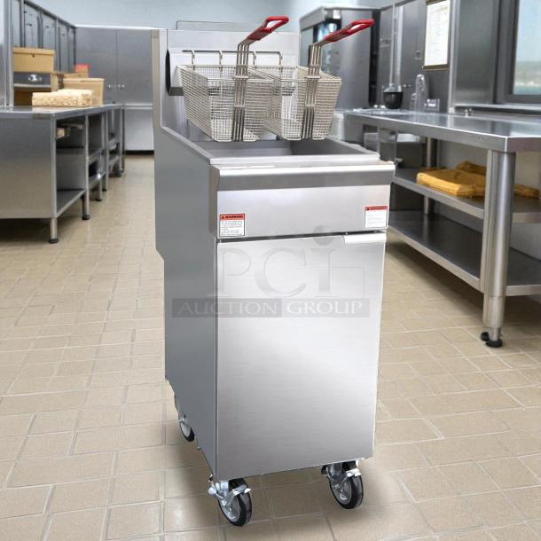 Brand New Black Diamond BDGF-ES35/NG gas fryer, 35 lb vat, floor model, natural gas, on wheels, in a stainless steel finish.