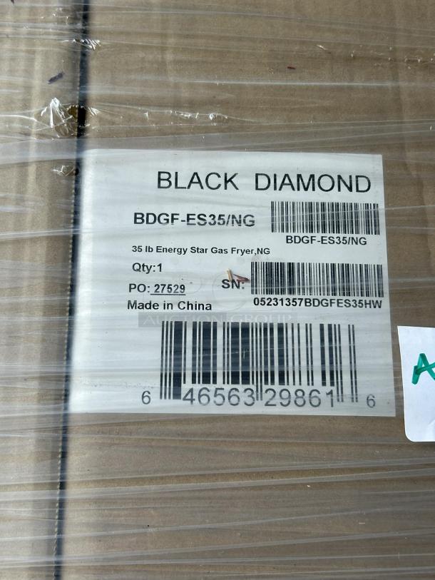 Brand new Black Diamond BDGF-ES35/NG gas fryer, 35 lb vat, natural gas, in crate. Label shows model and Energy Star rating.