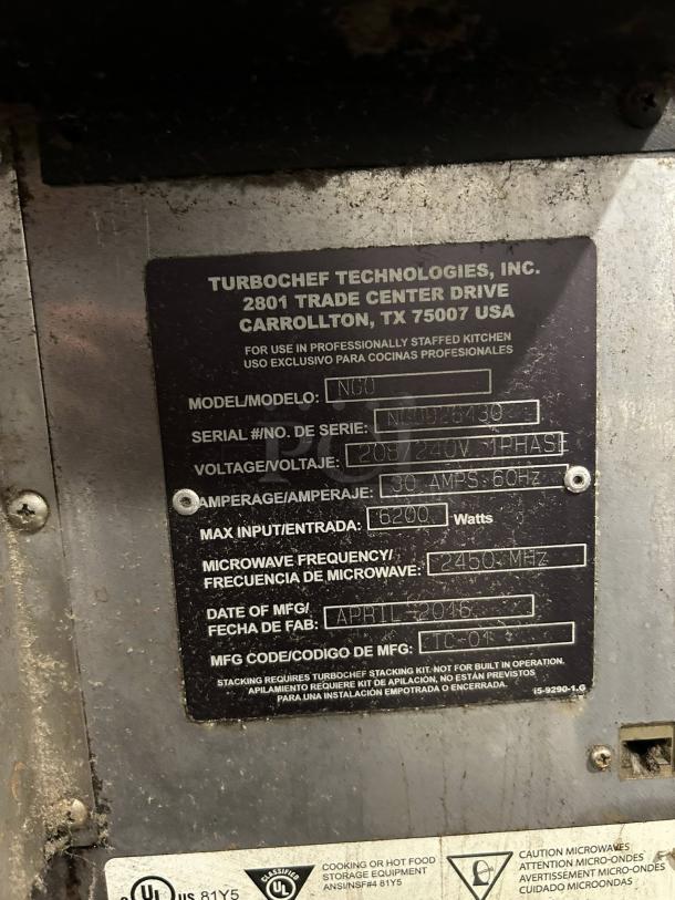 TurboChef NGO Rapid Cook Oven, excellent condition, model NGO. Label shows 30 amps, 6200 watts, made April 2016.