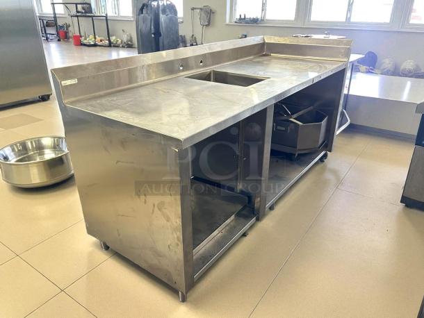 Winholt stainless steel sink and work table, 18" x 12" Baskin sink, excellent condition, sturdy with under-shelf storage.