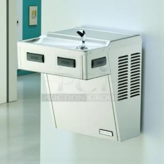 Wall mount ADA water cooler, light gray granite finish, 115V, 60Hz, 5 Amps. Tested and working, labeled "Push."