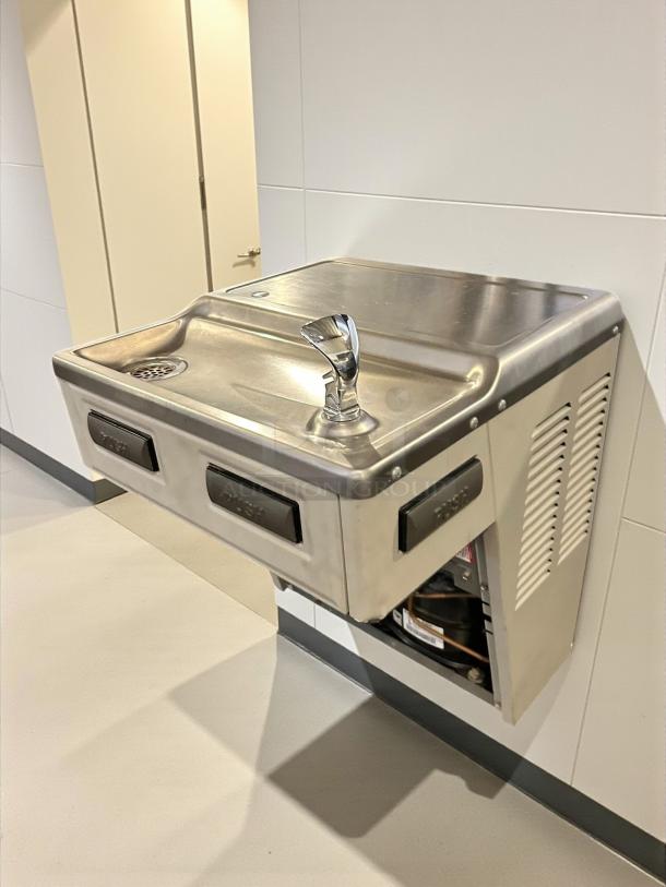 Light gray granite wall-mounted ADA water cooler, 115V, 60Hz, 5 Amps. Tested and working, stainless steel finish, filtered.