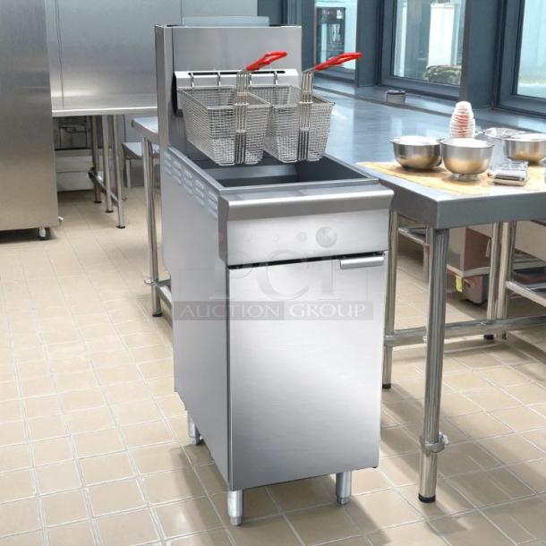 Brand New Black Diamond BDGF-ES35/NG gas fryer, 35 lb vat, floor model, natural gas, stainless steel, with fry baskets.