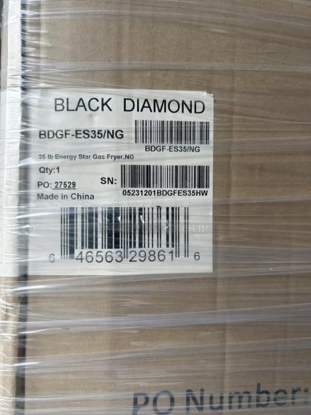 Brand new Black Diamond BDGF-ES35/NG gas fryer carton, 35 lb vat, natural gas, model info and barcode visible on label.