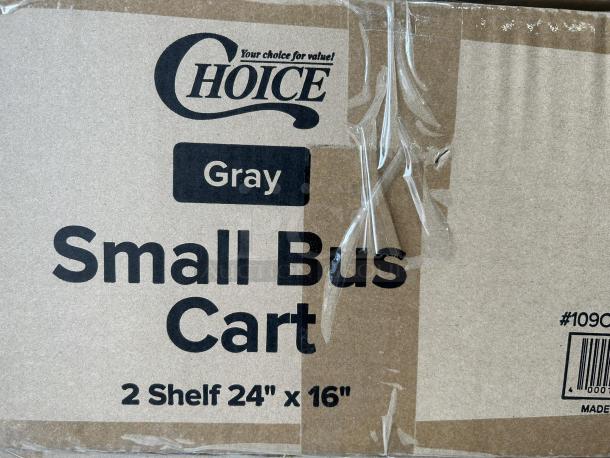 Gray Choice Small Bus Cart, brand new in box, 24"x16", two shelves. Packaging marked with brand logo and item dimensions.