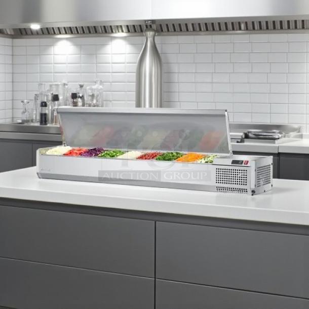 Brand new Turbo Air CTST-1800-N 72" refrigerated prep rail with hinged lid, pristine condition, ideal for commercial kitchens.