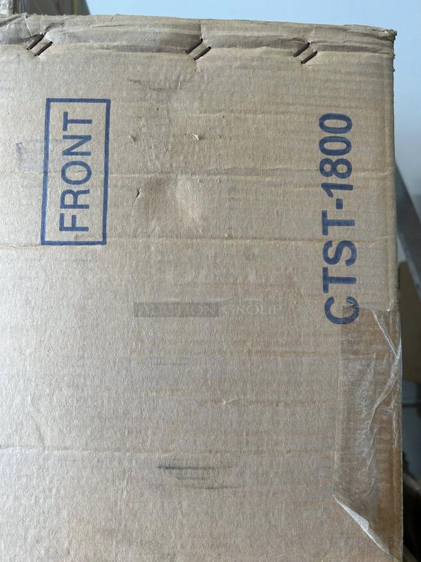 Turbo Air CTST-1800-N box with "FRONT" label and model number, indicating a new 72" Countertop Refrigerated Prep Rail.