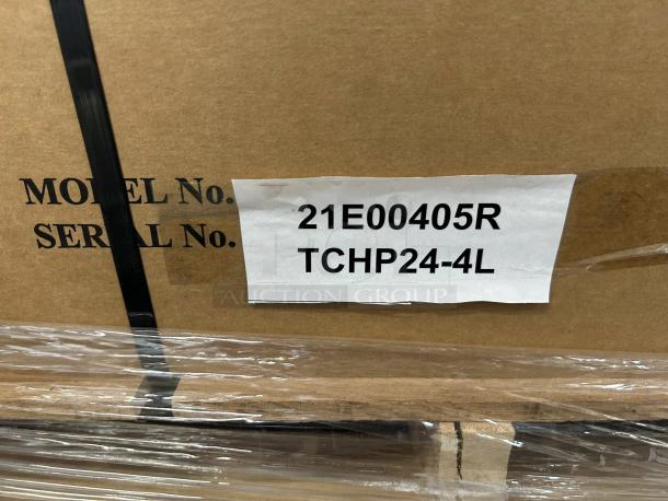 Brand new Therma-Tek TCHP24-4 gas hotplate in original packaging. Visible label shows model TCHP24-4L and serial number 21E00405R.