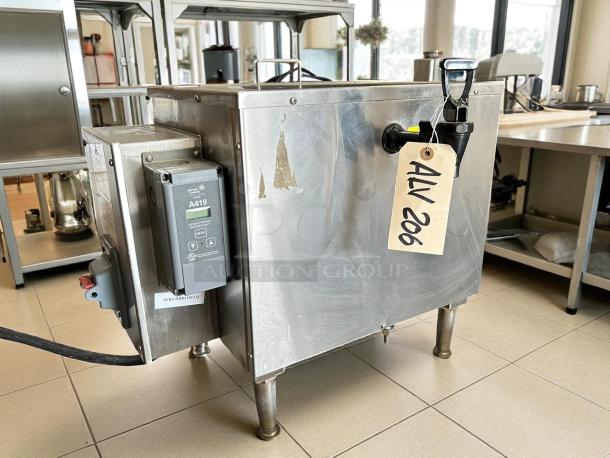 Stainless steel commercial water heater, model A419, with visible tag "ALV 206" and serial "HBDI01114", in used condition.