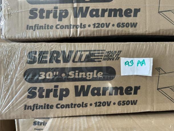 Brand new ServIt 30" Strip Warmer in box; 120V, 650W, single adjustable control, wrapped in plastic.