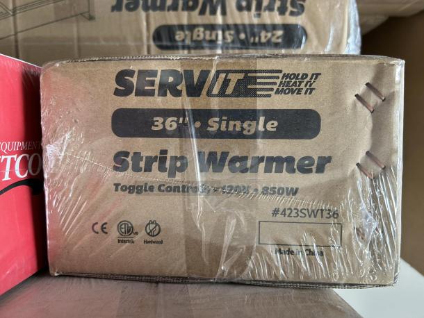 Brand new ServIt 36" strip warmer with single adjustable control, 120V, 850W. Box markings show model #423SW136.