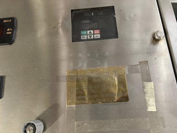 CocoaTown ALPHA100 Series (ECGC-65E) commercial chocolate grinder, stainless steel, close-up of control panel with labels.