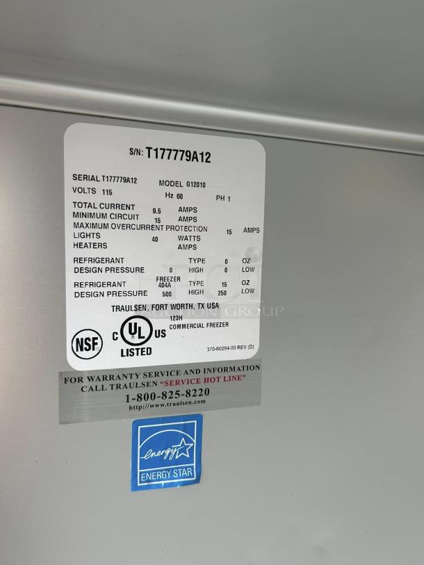 Traulsen G12010 30" freezer label; model, serial number, voltage, current specs; NSF, UL, and Energy Star certified.