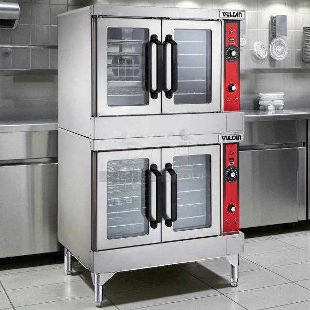 Wolf commercial gas double-deck convection oven, stainless steel, tested and working, standard depth, visible control knobs.