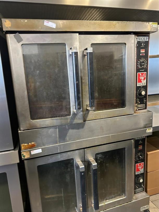 Wolf commercial double-deck gas convection oven, standard depth, stainless steel, visible wear, tested and working condition.