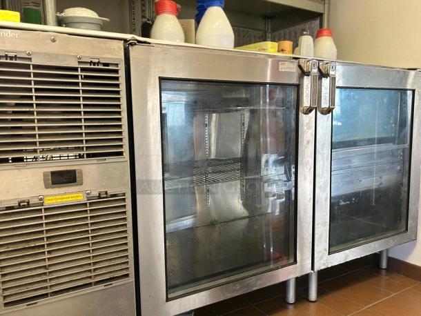 Glastender LP60-L1-XN(LR) 60" two-section back bar cooler, glass doors, tested and working, stainless steel, minor wear.