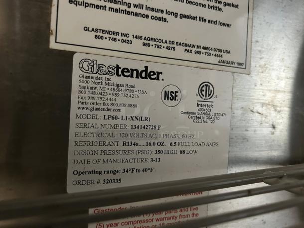 Glastender LP60-L1-XN(LR) 60" back bar cooler with 2 glass doors, tested and working. Features electrical and design specs.