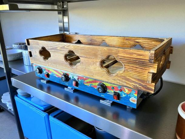 Commercial Kanto cooker, Japanese ODEN maker in great condition, features wooden exterior, electric controls, 115v, tested.