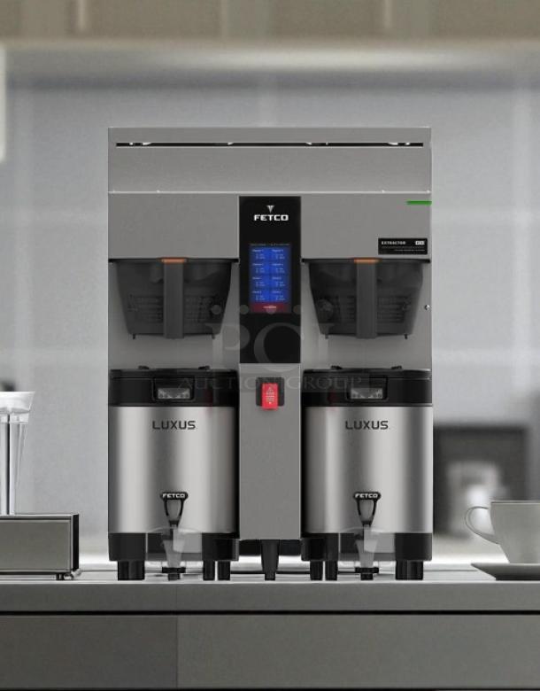 Fetco CBS-2052e dual station coffee brewer, excellent condition, 208-240V, fully tested, stainless steel finish.