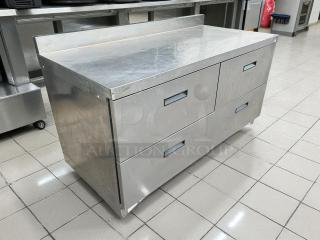 Delfield STD4464NP-8 64" 4-drawer refrigerated sandwich prep table with 4" backsplash, stainless steel, tested and working.