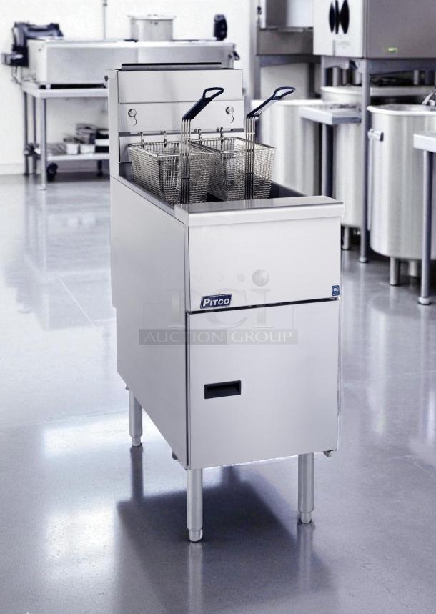 Pitco VF-35S 35lb gas fryer, tested and working, high efficiency tube-fired, stainless steel, commercial kitchen setting.