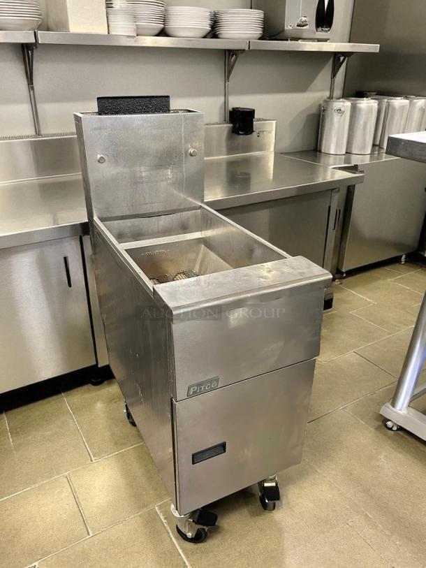 Pitco VF-35S 35lb High Efficiency Tube Fired Gas Fryer, stainless steel, tested, working, logo visible, on wheels.