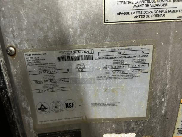Pitco VF-35S 35lb gas fryer label, showing model, BTU output, and specifications. NSF certified, tested and working.