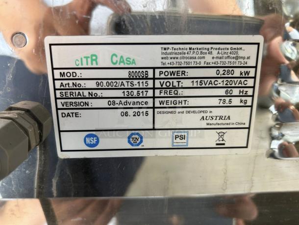 Citrocasa 8000 SB-ATS Advance Citrus Juicer, 115VAC-120VAC, 0.280 kW, tested and working, manufactured in China, NSF certified, date 06.2015.