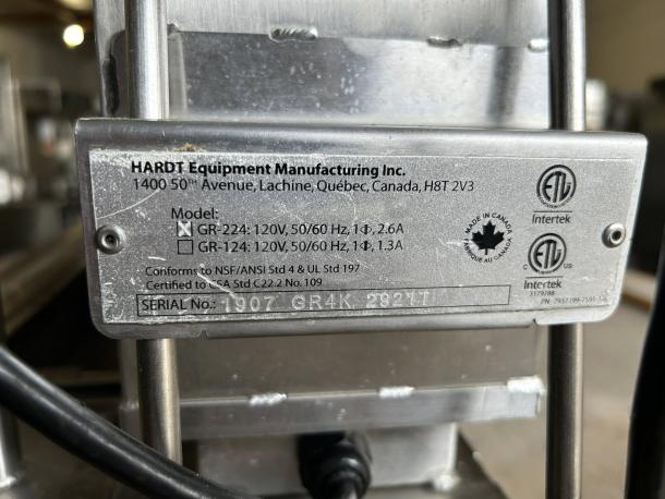 Great condition Hardt Grease Reservoir GR-224 for Hardt 4500 Rotisserie, metal label with model and manufacturer details.