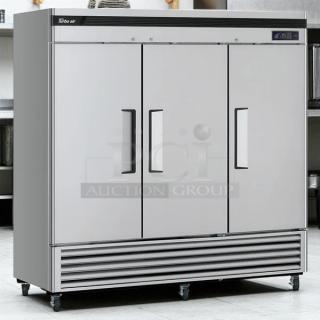 Turbo Air TSR-72SD-N Super Deluxe 82" three-door refrigerator in excellent condition, bottom-mounted, tested and working.