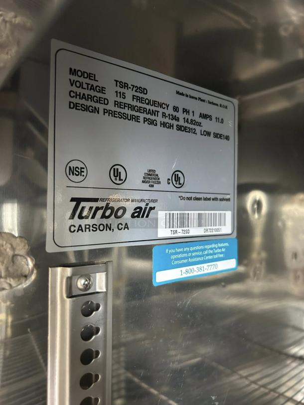 Turbo Air TSR-72SD-N label; 115V, UL certified, R-134a refrigerant. Excellent condition, fully tested reach-in refrigerator.