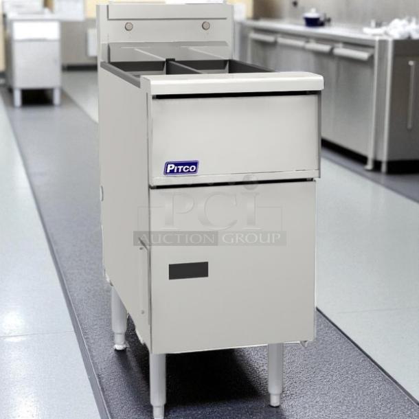 Pitco SG14T-S gas fryer, two 25 lb vats, floor model, excellent condition, natural gas, tested working, Pitco logo visible.