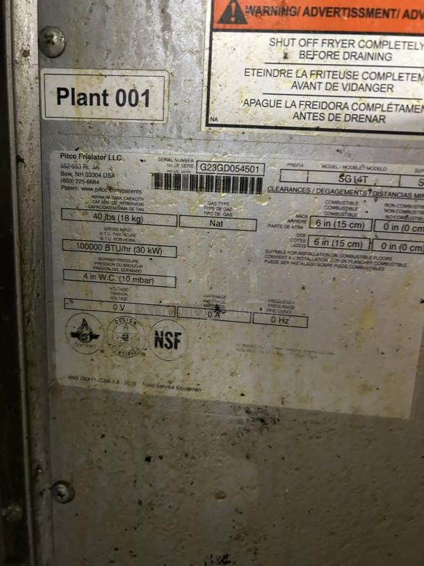 Pitco SG14T-S gas fryer label showing model, serial number, gas type as natural, and NSF certification.