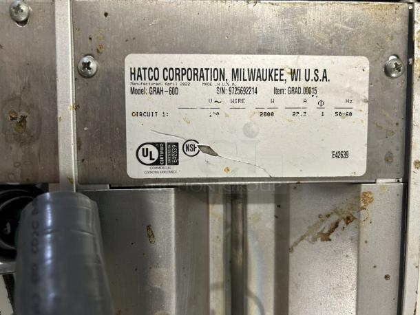 Hatco GRAH-60D infrared warmer label, showing model, UL and NSF certification, power details, and serial number. Medium wear.
