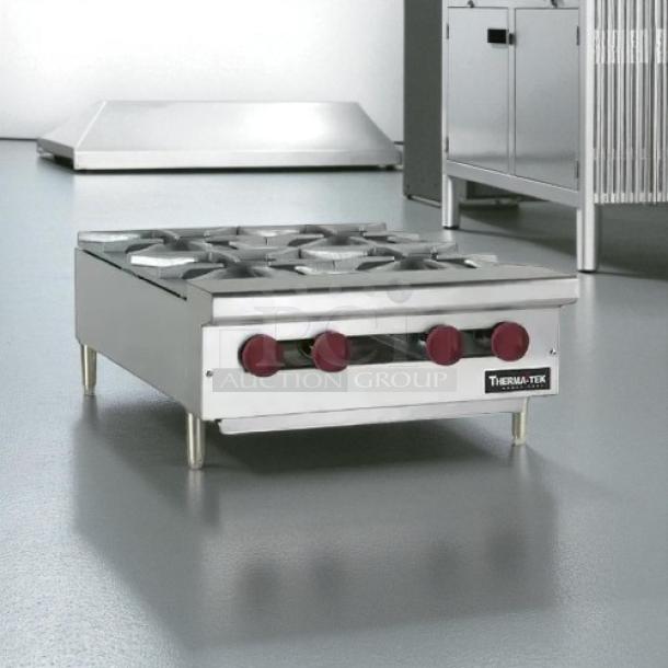 Brand new Therma-Tek TCHP24-4 burner countertop gas hotplate with controls, in original packaging. Stainless steel finish.
