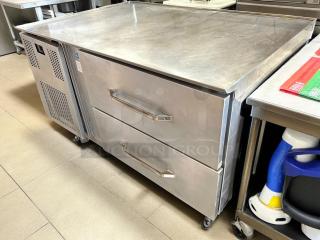 Beverage Air 48in two-drawer refrigerated chef base, stainless steel, tested and working, on wheels, excellent condition.