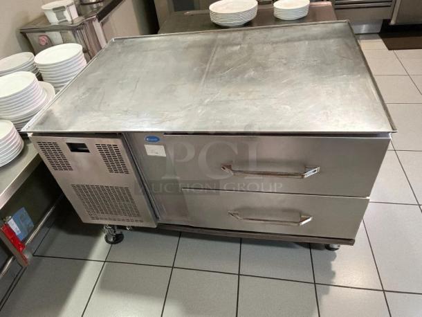 Beverage Air 48in two-drawer refrigerated chef base, stainless steel, tested and working, with wheels for mobility.