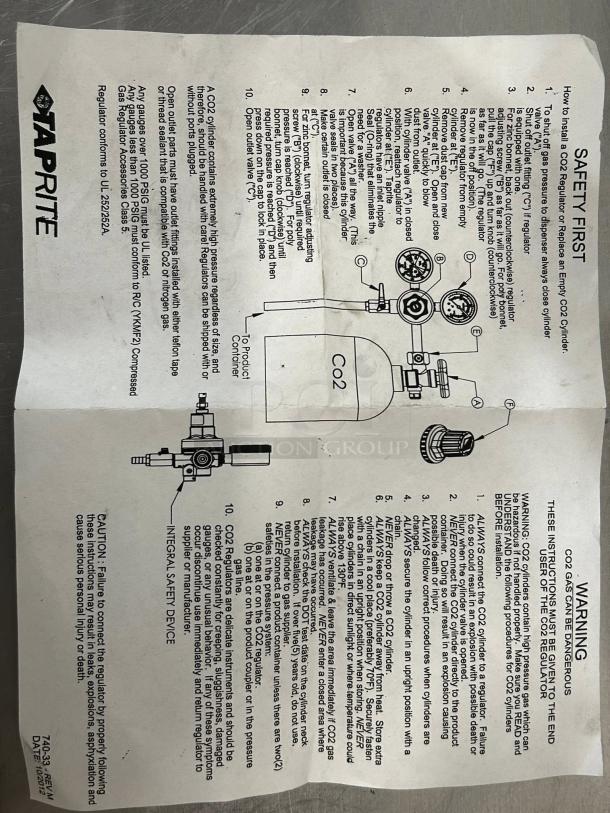 Alt text: Taprite CO2 regulator instruction sheet detailing safety and installation steps with diagrams and warnings.