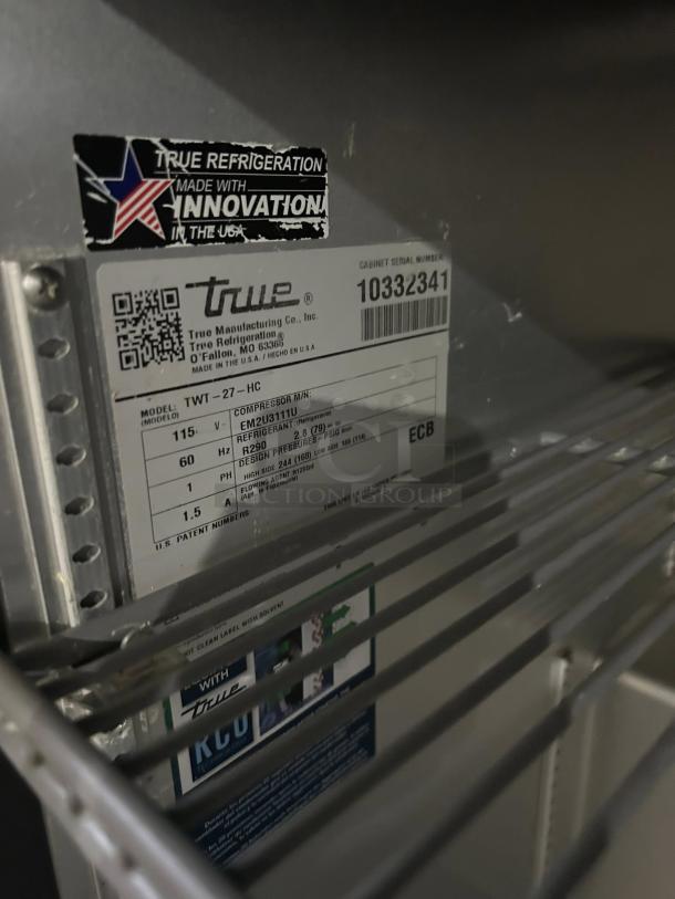 True TWT-27-HC worktop refrigerator, 28" with a right hinge door, model label, tested and working, Made in USA.