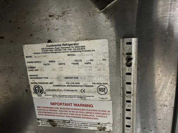 Label on Continental DL60-24M prep unit showing model, power details, and NSF certification.