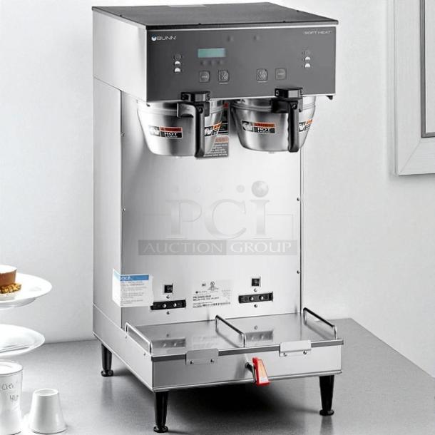 Bunn 33500.0001 Dual Soft Heat DBC Brewer with funnel locks, stainless steel, tested working condition.