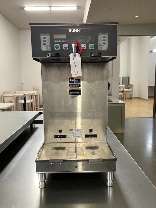 Bunn 33500.0001 Dual Soft Heat DBC Brewer with funnel locks, tested, working, excellent condition. Tags show model and warnings.