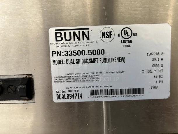 Bunn 33500 Dual Soft Heat DBC Brewer label showing model, serial number, and electrical specifications.